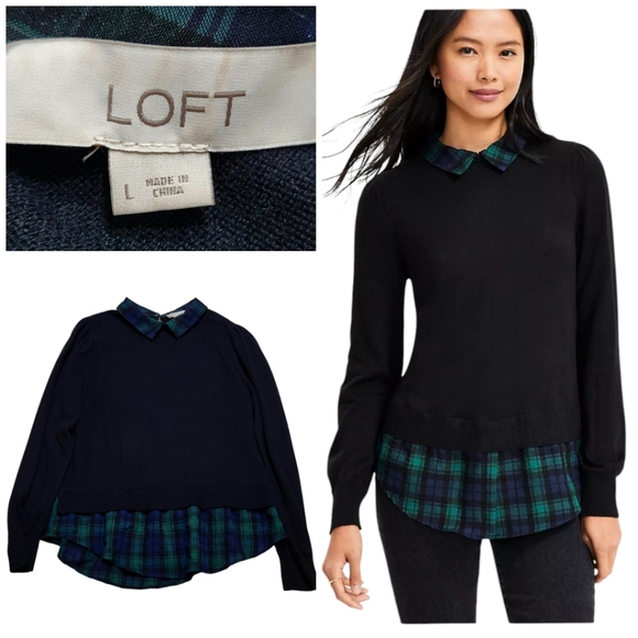 LOFT Sweaters - LOFT Plaid Layered Mixed Media Black Sweater Green Blue Sz Large | Preppy Office